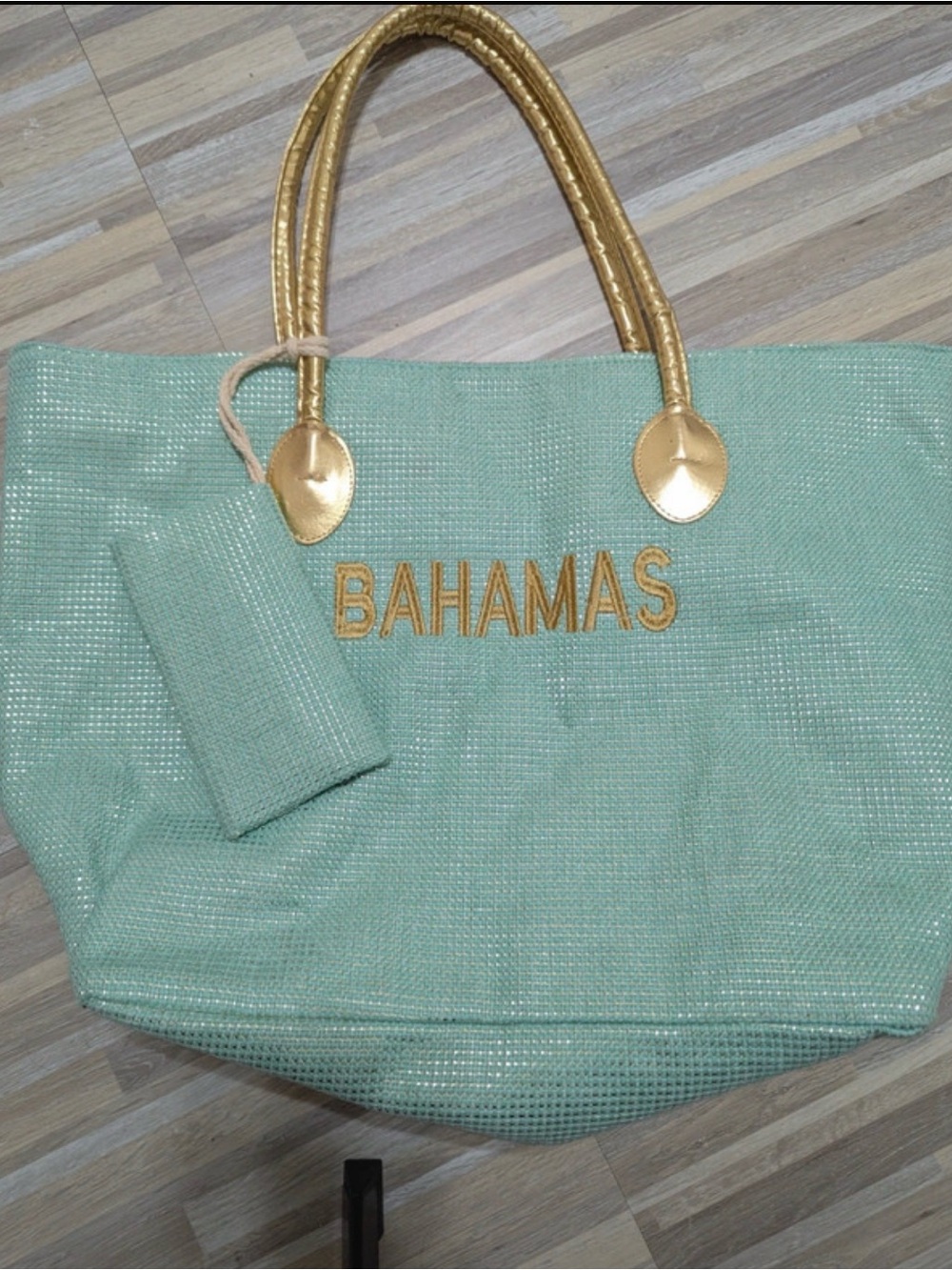 Mint Green huge Tote Bag with Gold Accents - BAHAMAS